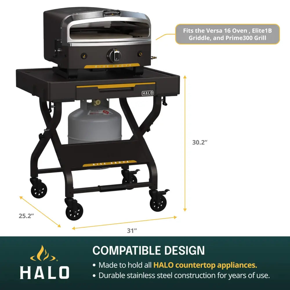 Halo Countertop Cart dimensions 31 by 25.2 by 30.2 inches with Versa 16 pizza oven on top