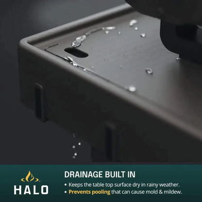 Water draining through built-in drainage holes on the Halo Countertop Cart tabletop