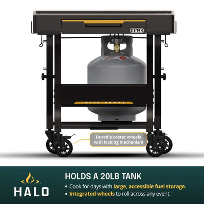 Halo Countertop Cart holding a 20 lb propane tank with locking caster wheels