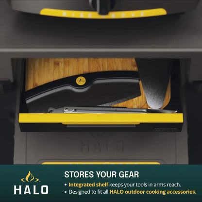Hidden drop-down drawer on the Halo Countertop Cart storing pizza cutter, peel, and tongs