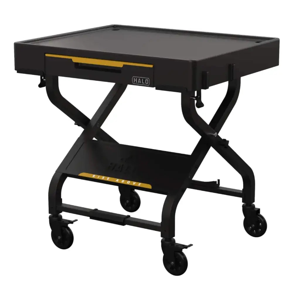 Halo Countertop Cart with drop-down storage drawer, locking casters, and folding steel frame