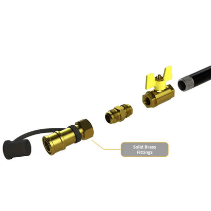 Solid brass quick-connect fittings of the Halo Natural Gas Conversion Kit connecting to a home gas line shutoff
