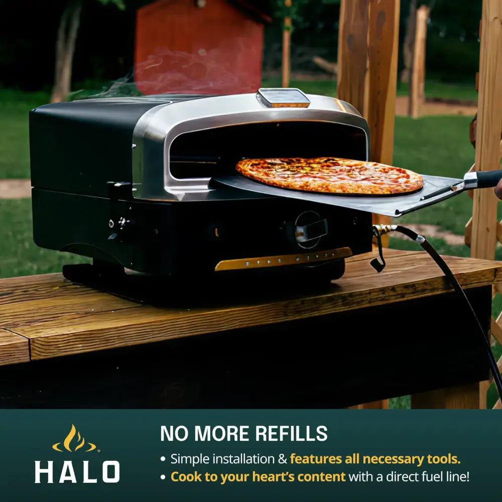Halo Versa 16 pizza oven running on a direct natural gas line with the Halo Natural Gas Conversion Kit