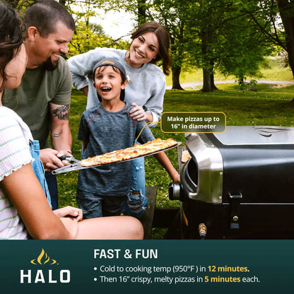 Family making 16 inch pizzas with the Halo Versa 16 pizza oven at a park picnic