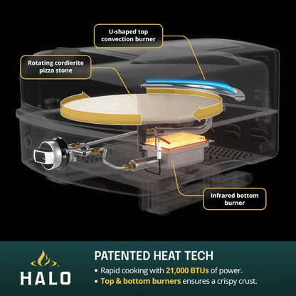 Cutaway diagram of the Halo Versa 16 showing U-shaped top burner, infrared bottom burner, and rotating stone