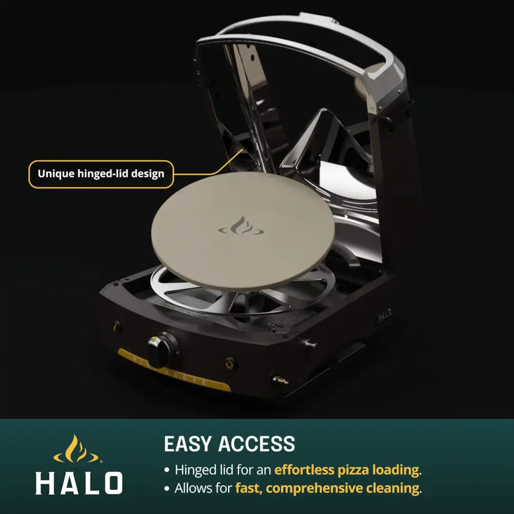 Halo Versa 16 pizza oven hinged lid open showing the rotating cordierite stone