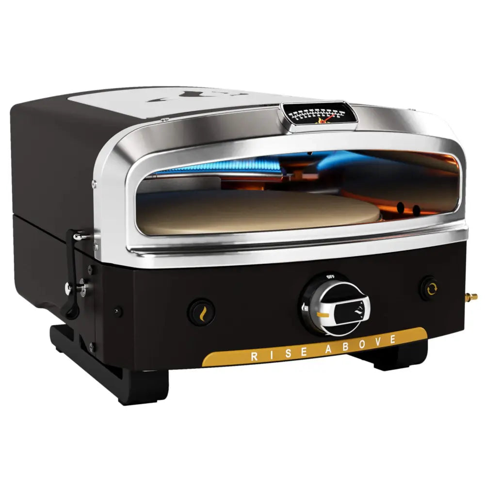 Halo Versa 16 outdoor pizza oven with both burners lit and 16 inch cordierite stone