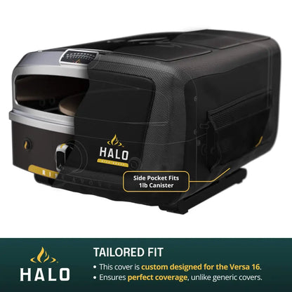 Halo Versa 16 Pizza Oven Cover tailored fit infographic with side pocket for 1 lb canister