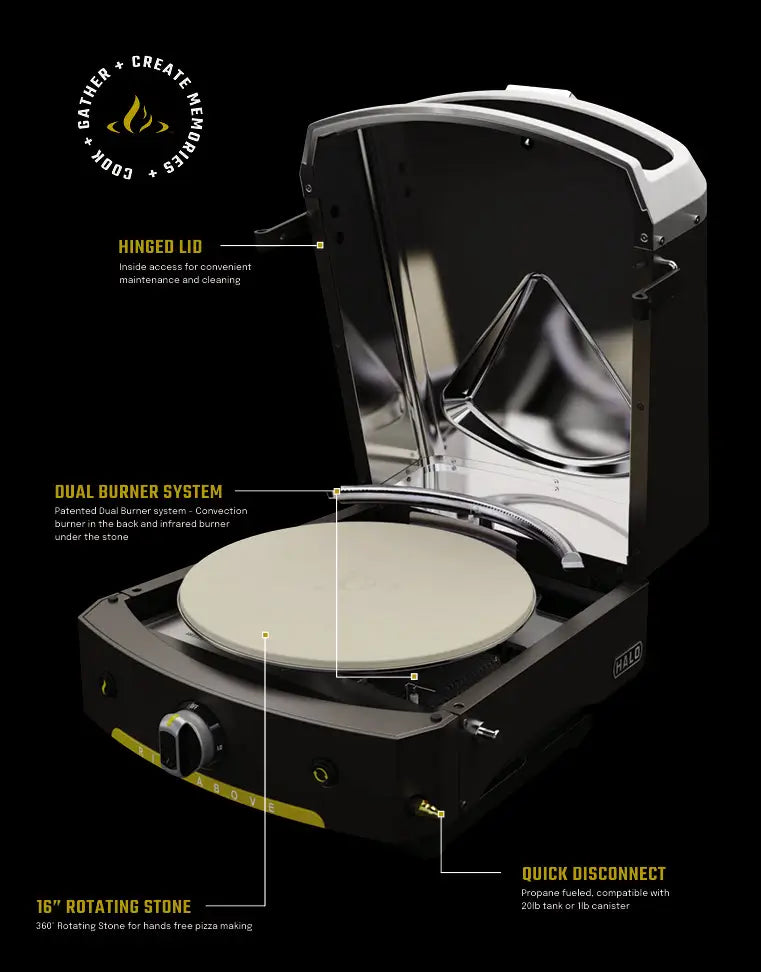 Halo Versa 16 diagram showing the 16 inch rotating pizza stone, dual burner system, hinged lid, and quick disconnect propane fitting