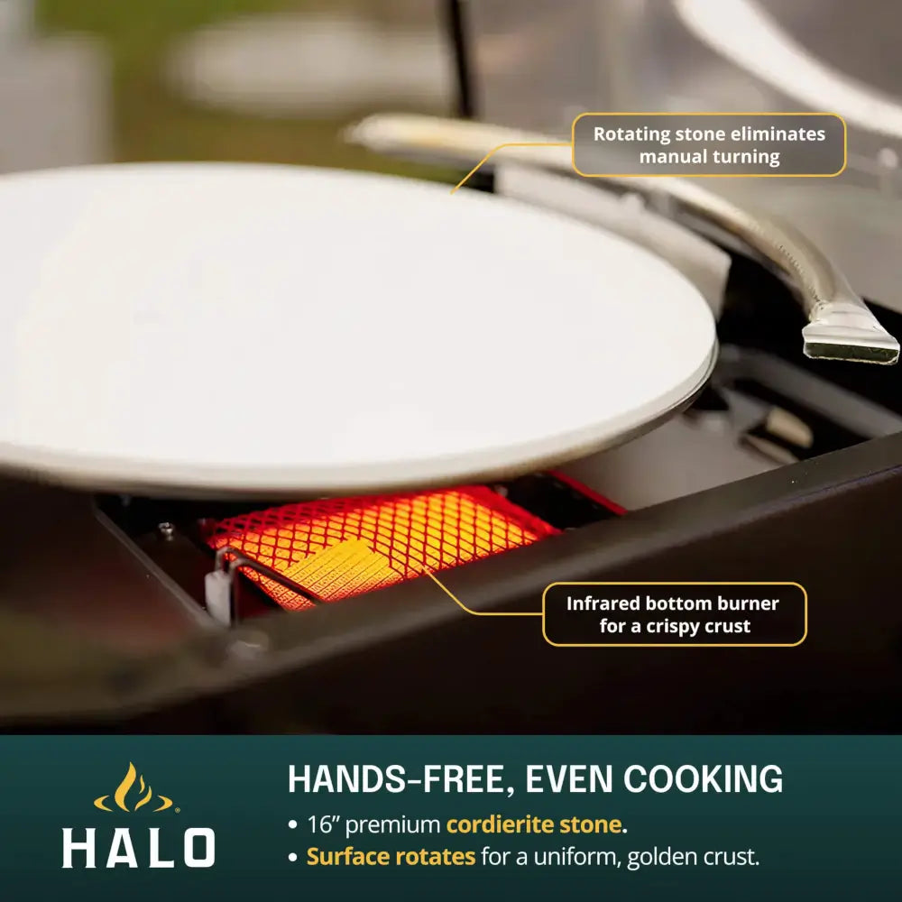 Halo Versa 16 rotating 16 inch cordierite pizza stone over the infrared bottom burner