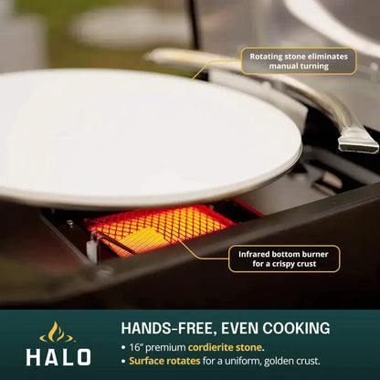 Halo Versa 16 rotating 16 inch cordierite pizza stone over the infrared bottom burner