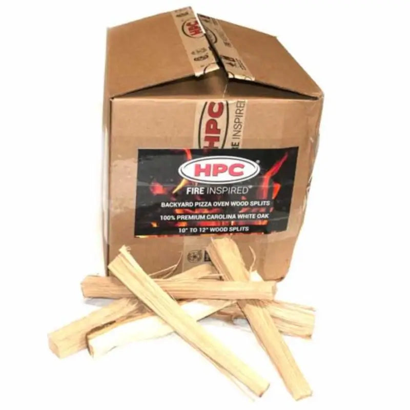 HPC Fire box of premium Carolina white oak pizza oven wood splits, 10 to 12 inches, about 25 pounds.