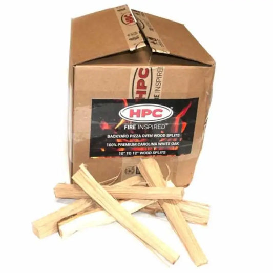 HPC Fire box of premium Carolina white oak pizza oven wood splits, 10 to 12 inches, about 25 pounds.