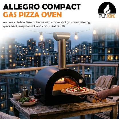 ItaliaForno Allegro compact gas pizza oven on a city balcony table with a pizza on the peel