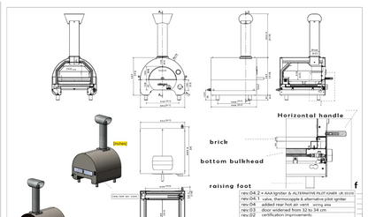 Dimension drawing of the ItaliaForno Allegro in millimeters and inches, front, side, top and section views