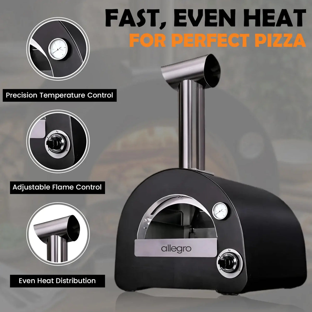 ItaliaForno Allegro compact gas pizza oven with thermometer, flame control and chimney details