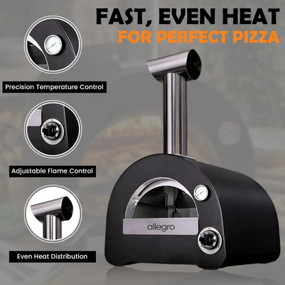 ItaliaForno Allegro compact gas pizza oven with thermometer, flame control and chimney details