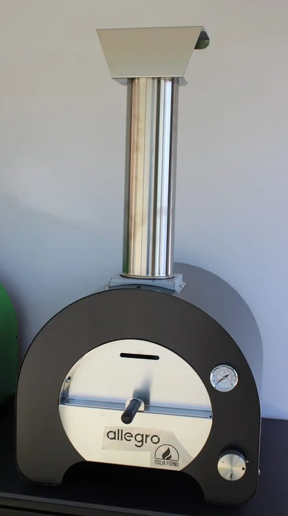 ItaliaForno Allegro compact gas pizza oven, straight on, with the chimney and cap fitted