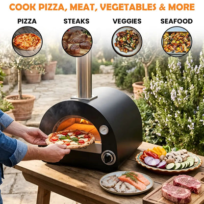 Pizza coming out of the ItaliaForno Allegro on a patio table with steaks, seafood and vegetables ready