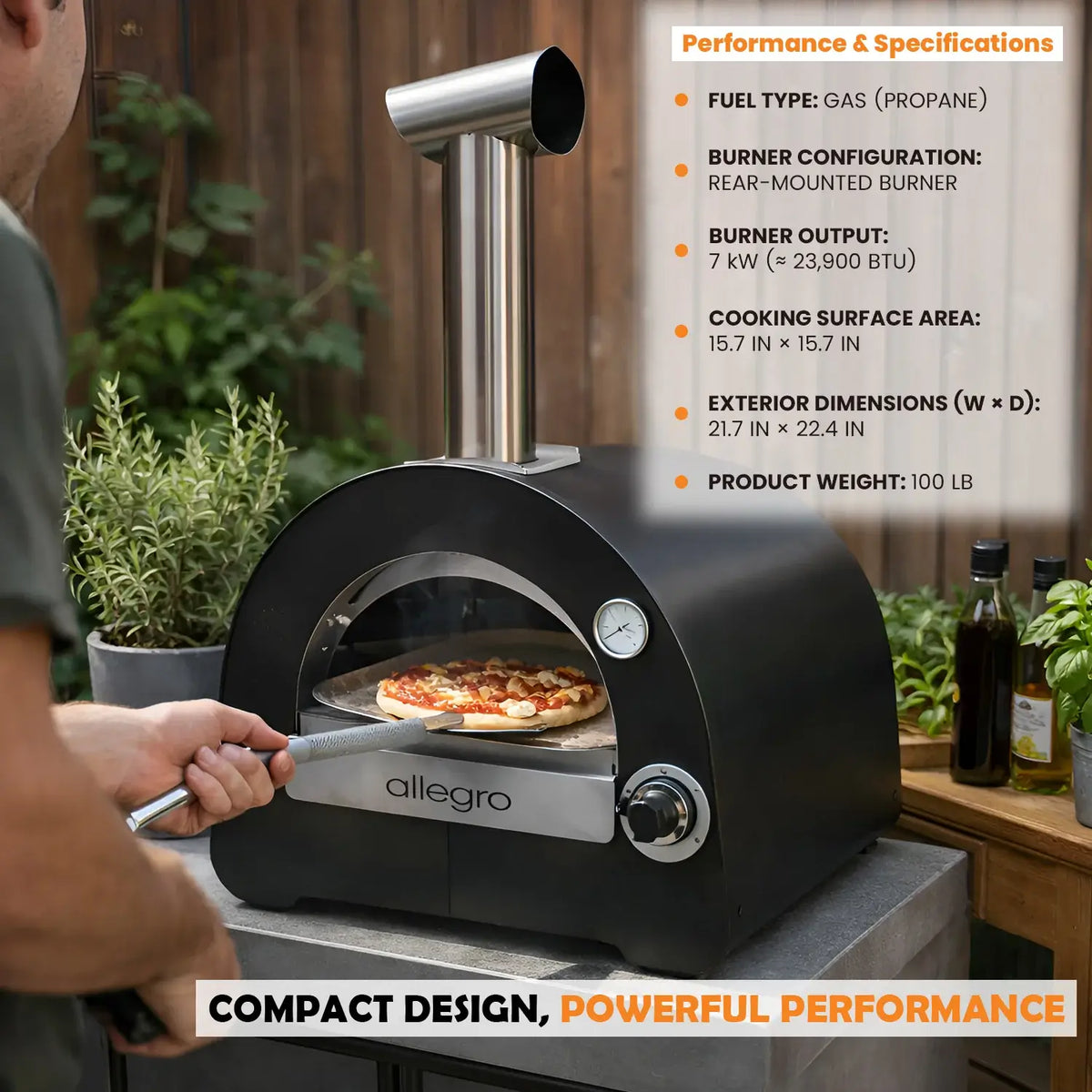 ItaliaForno Allegro performance and specifications, 7 kW burner, 15.7 inch floor, 100 lb