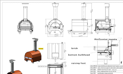 Dimension drawing of the ItaliaForno Bambino in millimeters and inches, front, side, top and section views