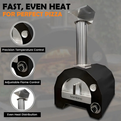 ItaliaForno Bambino compact gas pizza oven with thermometer, flame control and chimney details