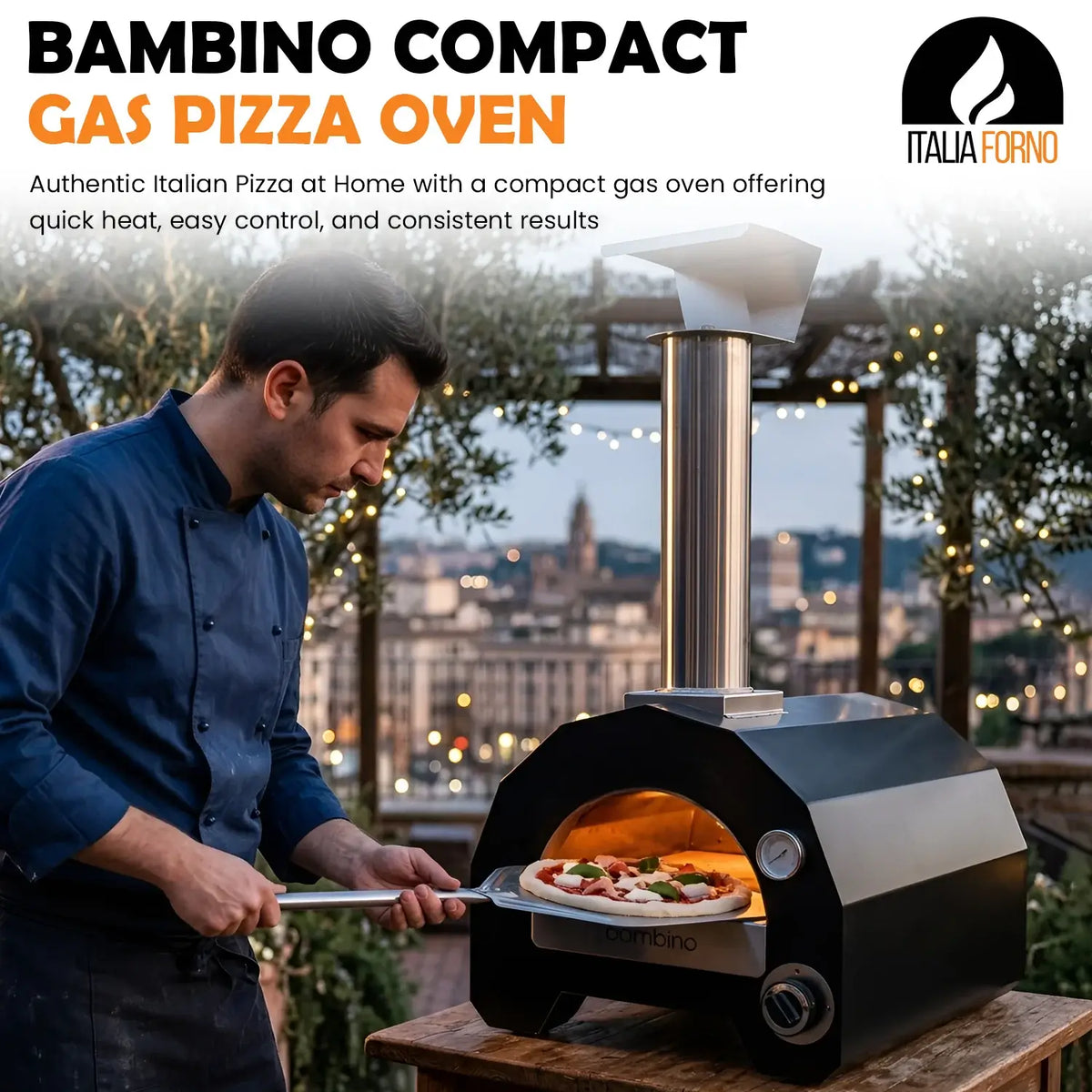 Chef launching a pizza into the ItaliaForno Bambino on a rooftop terrace at dusk