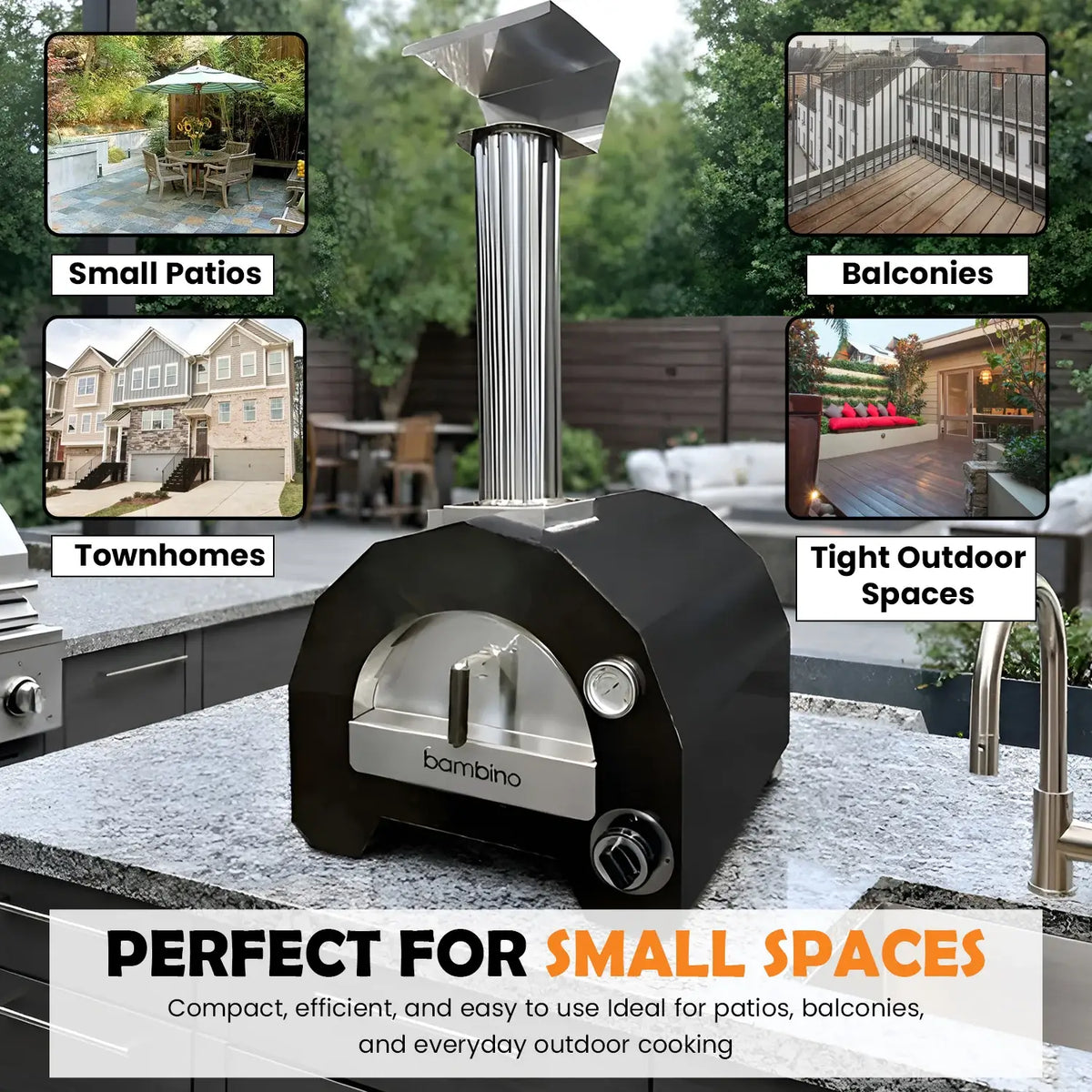 ItaliaForno Bambino on an outdoor kitchen counter, sized for small patios, balconies, townhomes and tight outdoor spaces