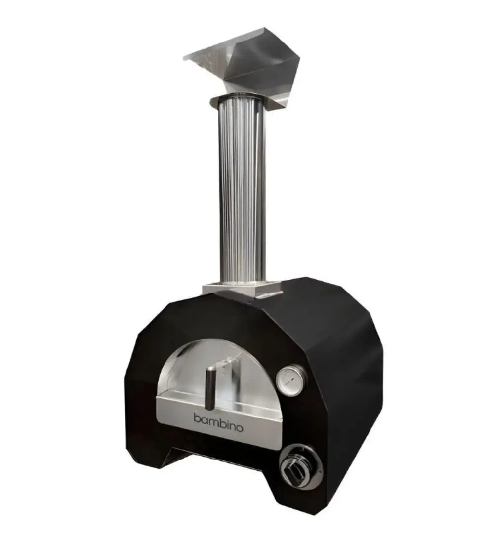 ItaliaForno Bambino compact gas pizza oven from the front with the chimney and cap fitted