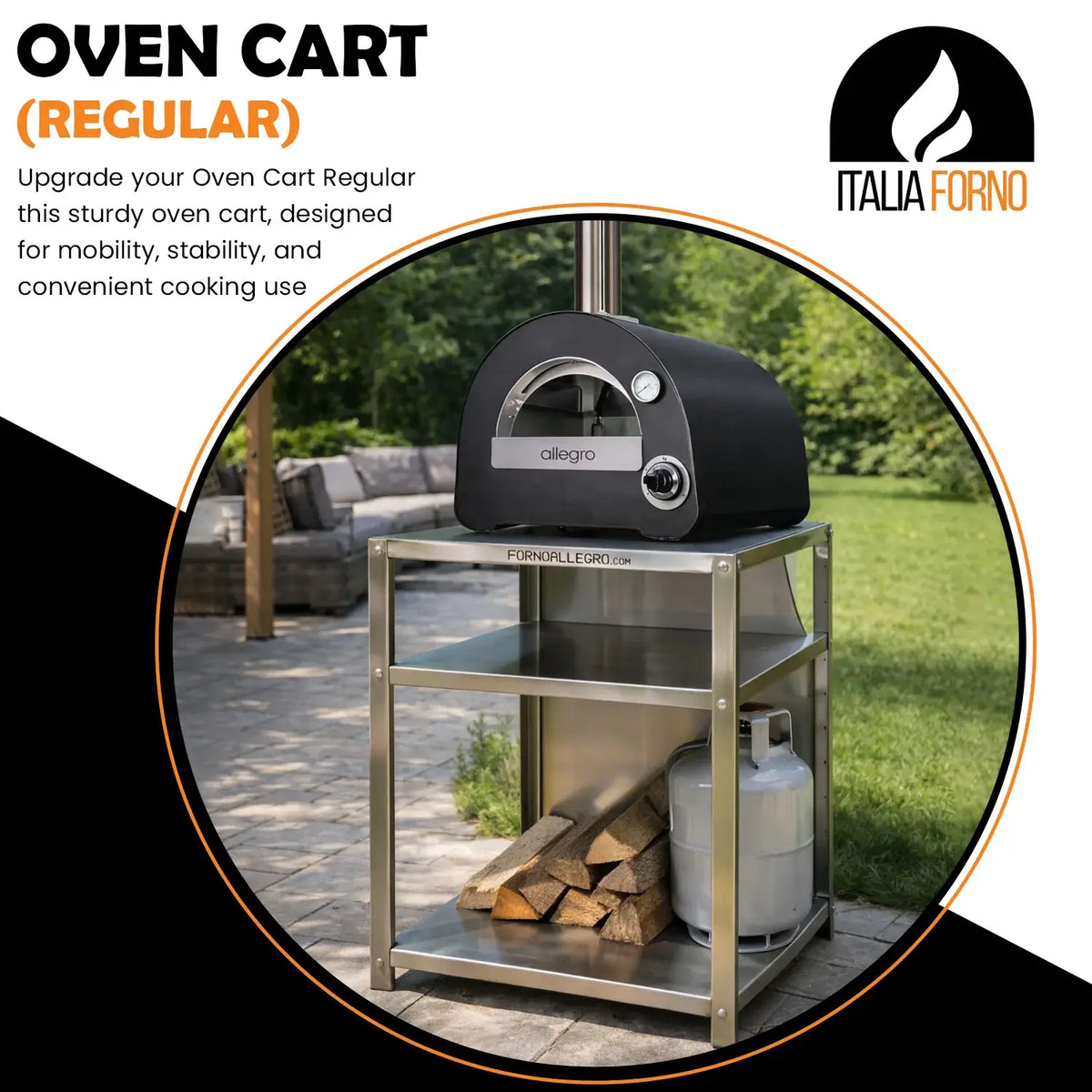 ItaliaForno Allegro on the compact oven cart with a 20 lb propane tank on the bottom shelf, oven sold separately