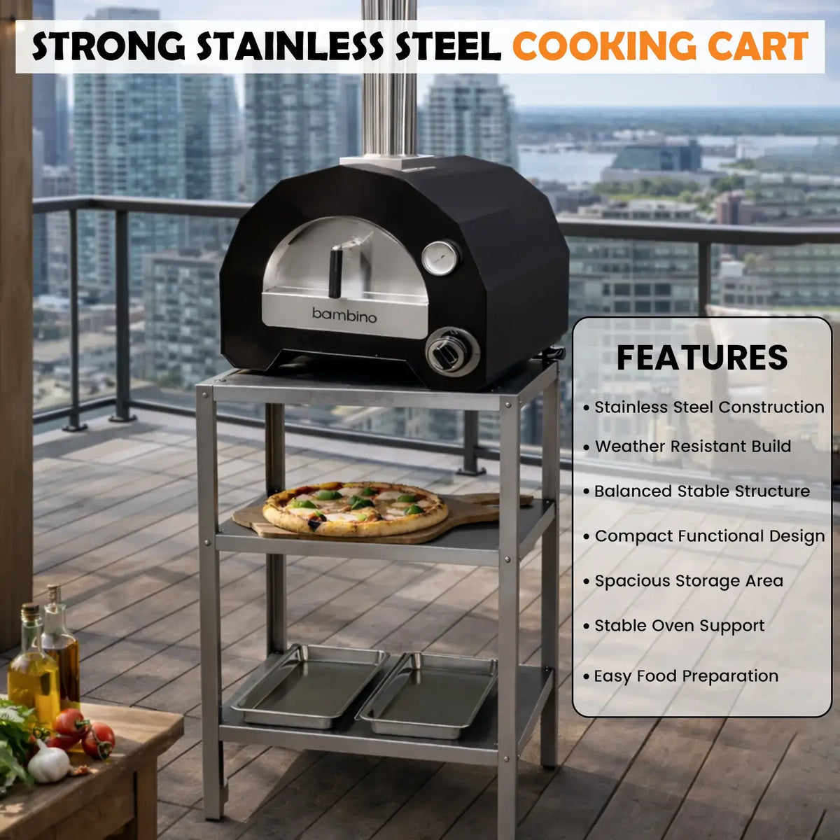 ItaliaForno Bambino on the compact oven cart on a high rise balcony with a pizza on the middle shelf, oven sold separately