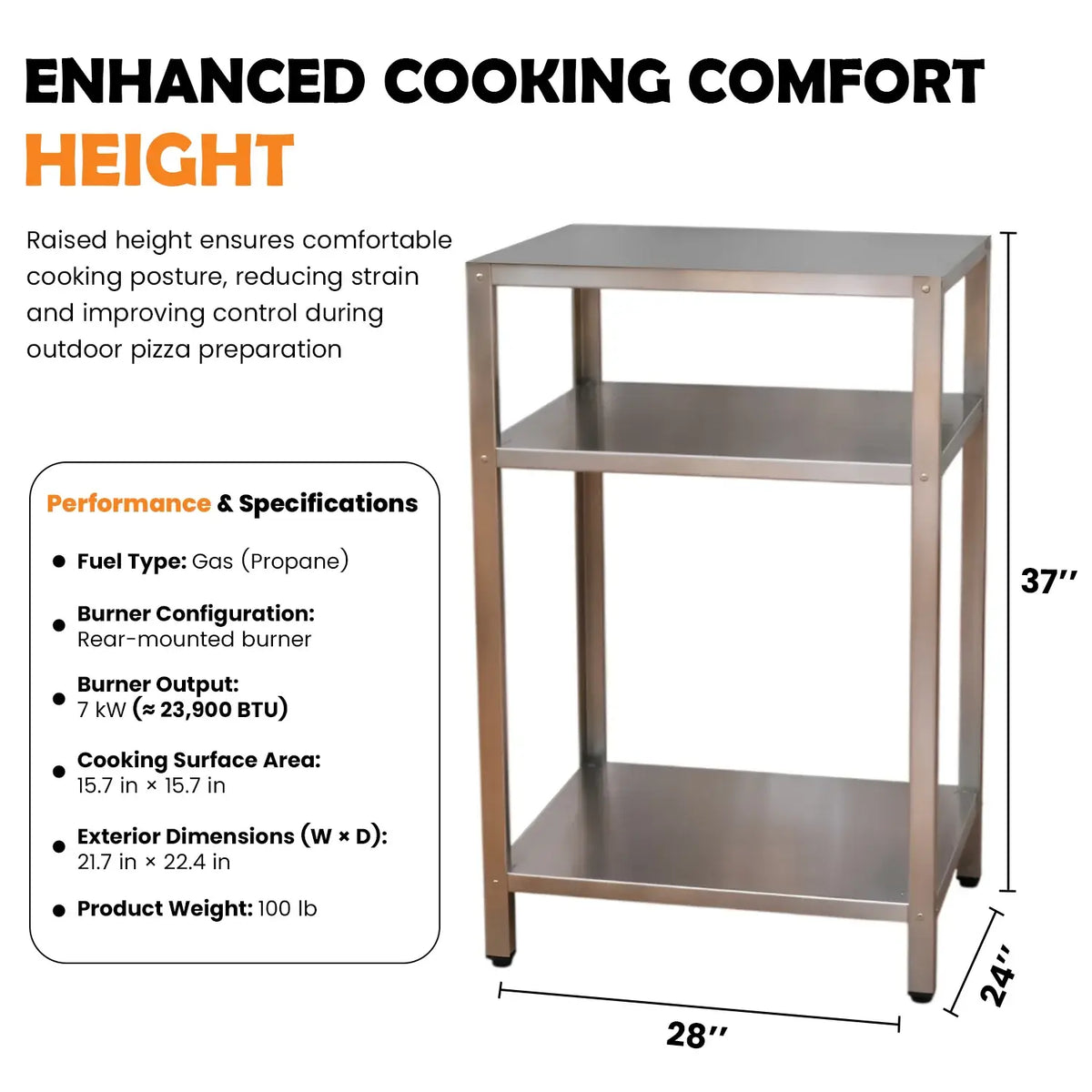 ItaliaForno compact oven cart dimensions card, 28 in wide, 24 in deep, 37 in tall, with the compact oven specifications
