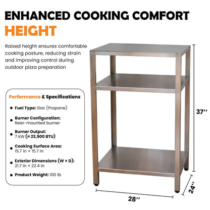 ItaliaForno compact oven cart dimensions card, 28 in wide, 24 in deep, 37 in tall, with the compact oven specifications