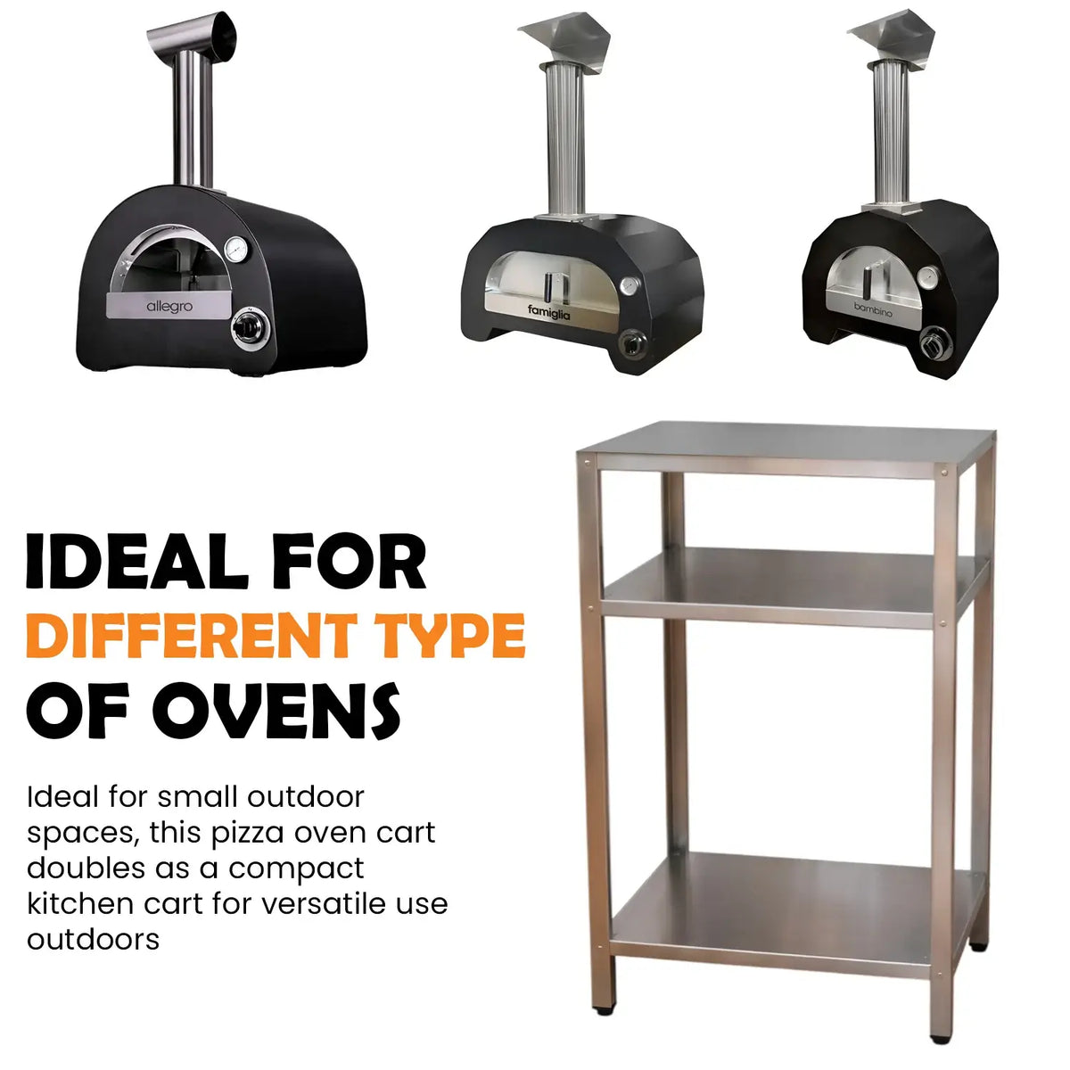 ItaliaForno compact oven cart card showing the Allegro, Famiglia and Bambino ovens above the bare cart