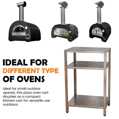 ItaliaForno compact oven cart card showing the Allegro, Famiglia and Bambino ovens above the bare cart