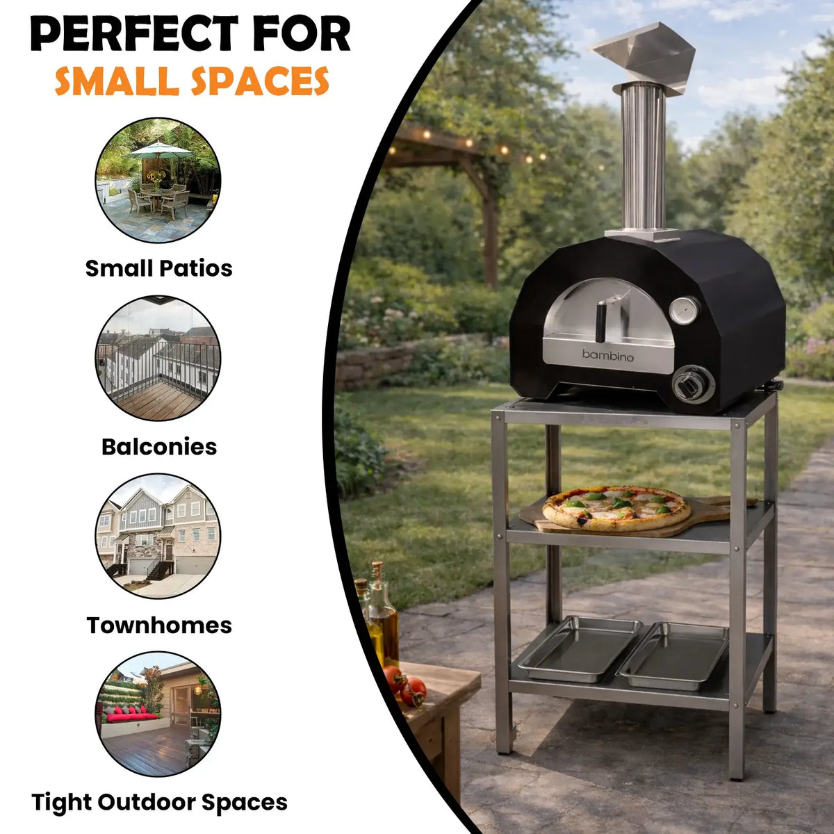 ItaliaForno Bambino on the compact oven cart on a patio, small patios, balconies and townhomes card, oven sold separately