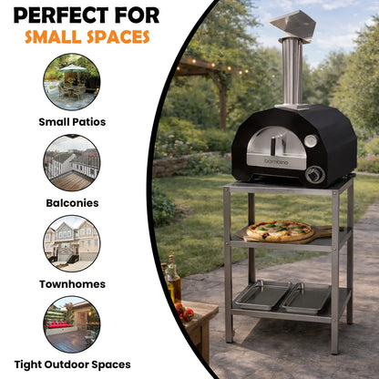 ItaliaForno Bambino on the compact oven cart on a patio, small patios, balconies and townhomes card, oven sold separately