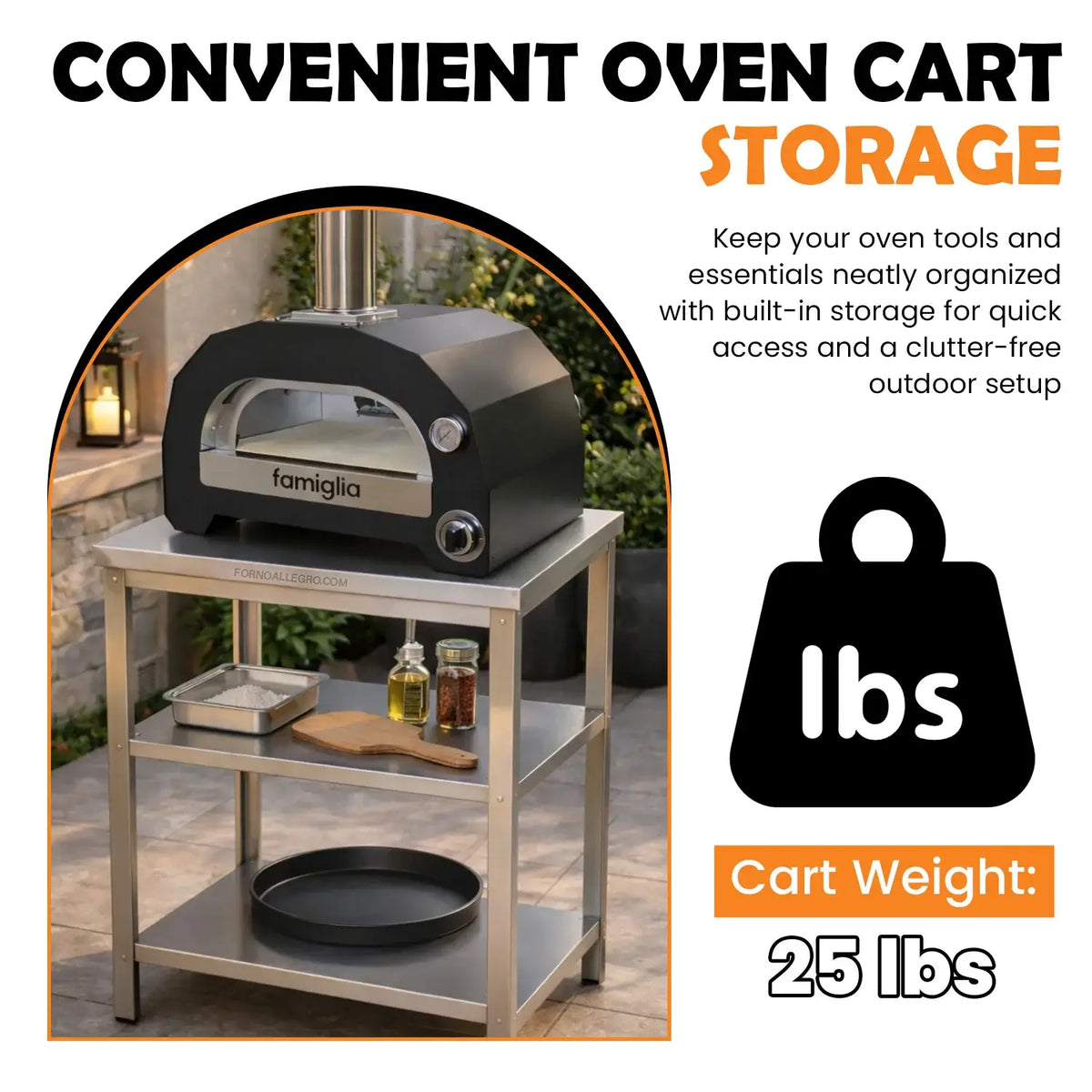 ItaliaForno compact oven cart weight card, 25 lb, shown with the Famiglia on top, oven sold separately