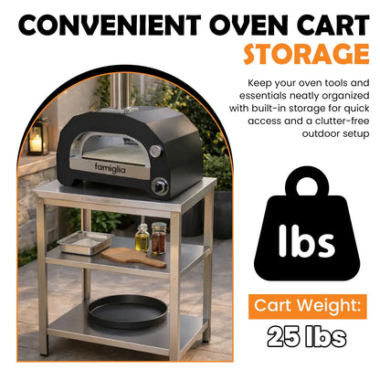 ItaliaForno compact oven cart weight card, 25 lb, shown with the Famiglia on top, oven sold separately