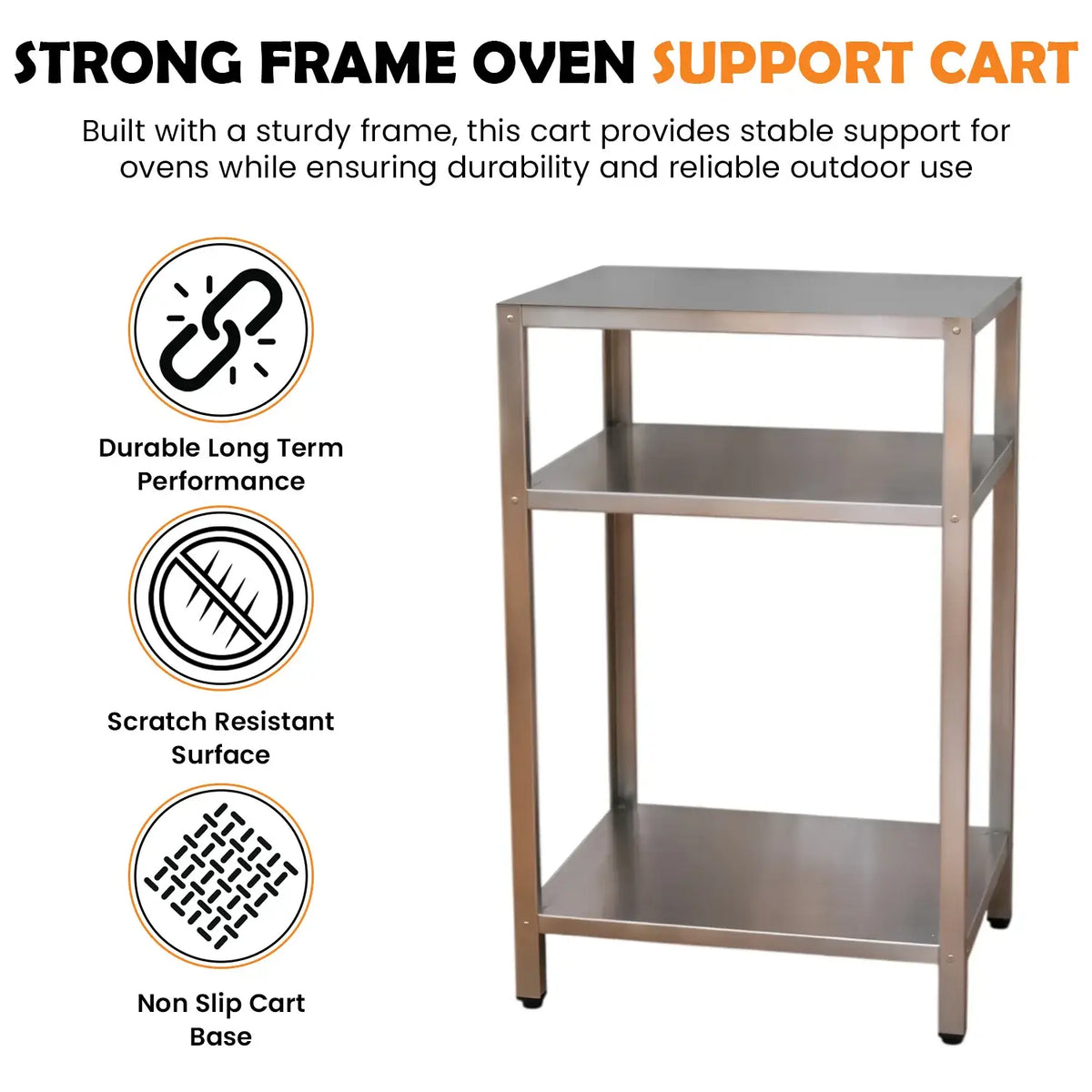 ItaliaForno compact oven cart, the regular cart for the Allegro, Bambino and Fornello, stainless steel with a middle and bottom shelf