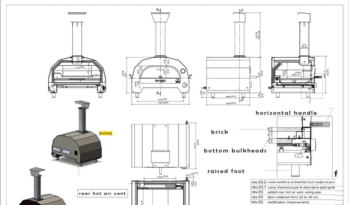 Dimension drawing of the ItaliaForno Famiglia in millimeters and inches, front, side, top and section views
