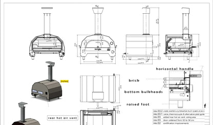 Dimension drawing of the ItaliaForno Famiglia in millimeters and inches, front, side, top and section views