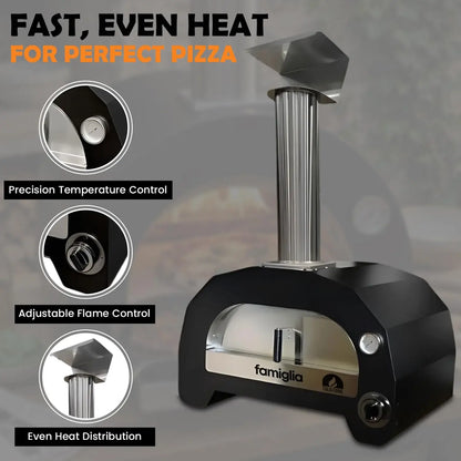 ItaliaForno Famiglia gas pizza oven with thermometer, flame control and chimney details