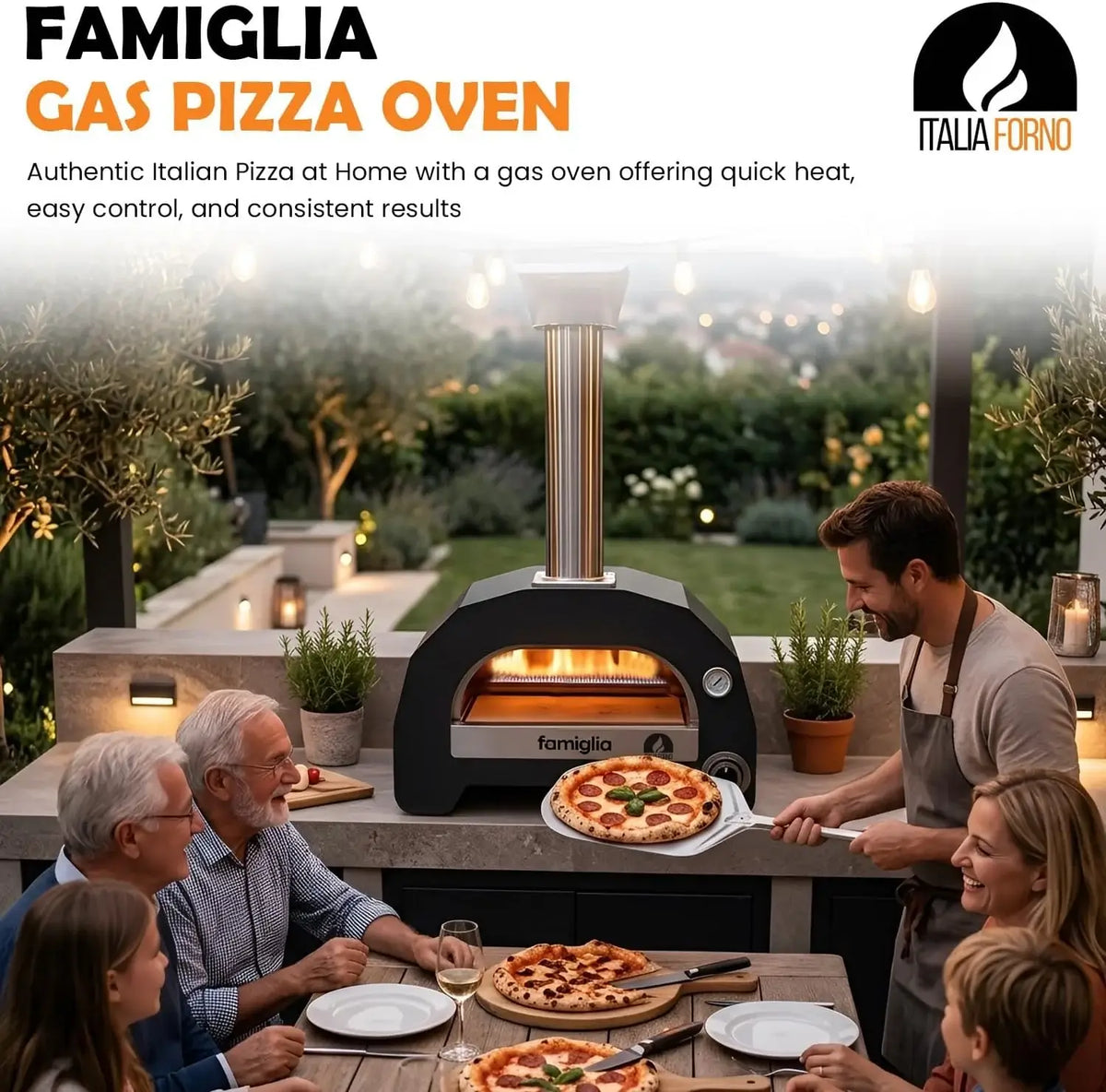 Family at an outdoor table with pizzas cooked in the ItaliaForno Famiglia gas pizza oven