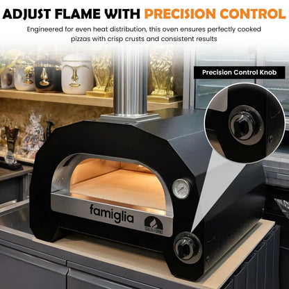 ItaliaForno Famiglia flame control knob close up with the oven lit