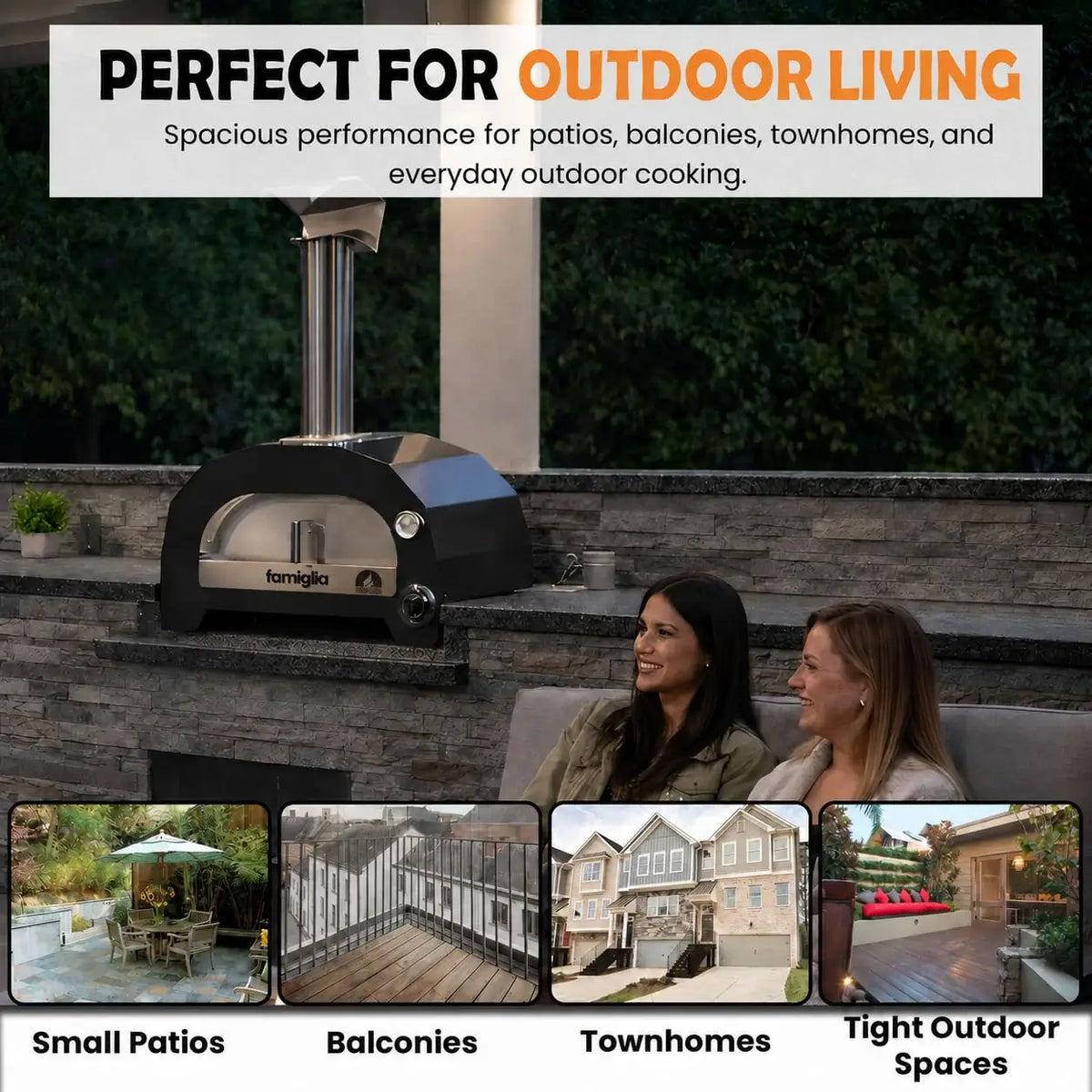 ItaliaForno Famiglia gas pizza oven on an outdoor kitchen counter, sized for patios, balconies and townhomes