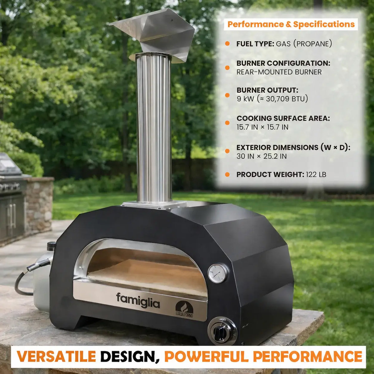 ItaliaForno Famiglia performance and specifications, 9 kW burner, 15.7 inch floor, 122 lb