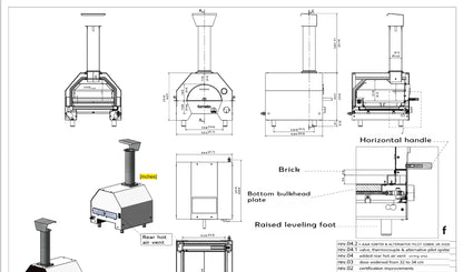 Dimension drawing of the ItaliaForno Fornello in millimeters and inches, front, side, top and section views