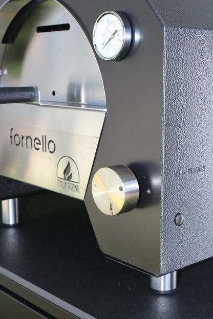 ItaliaForno Fornello flame control knob and thermometer close up with the Made in Italy stamp