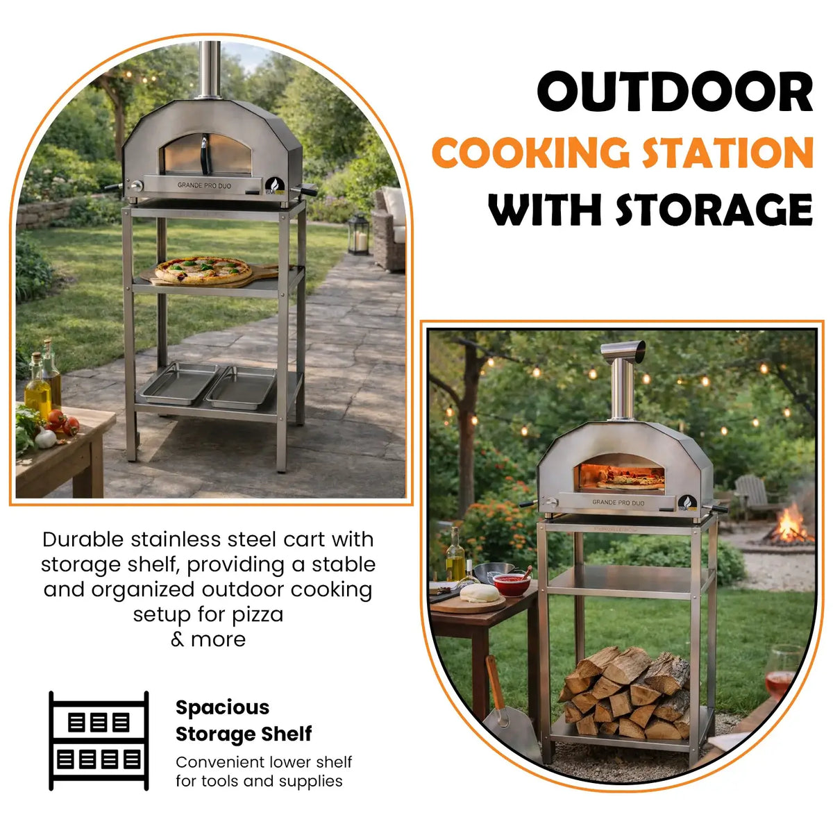 ItaliaForno Grande Pro Duo cart with two stainless shelves holding a pizza, pans and split wood in an outdoor cooking station